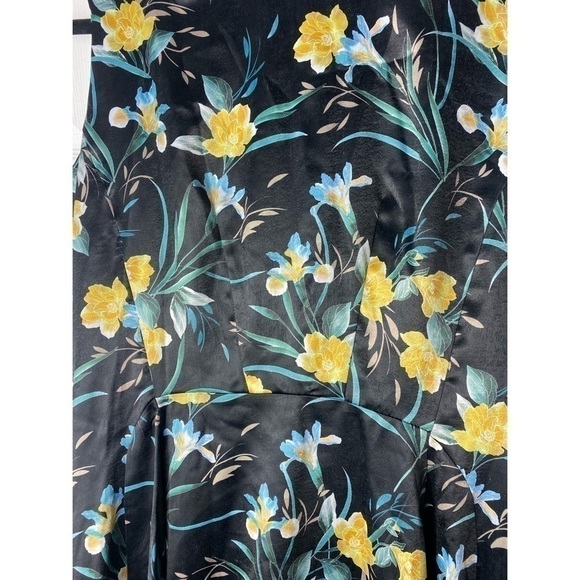 Bar III Black Yellow Floral Tropical Fit & Flare Satin Silky Dress Size Medium - Picture 4 of 5